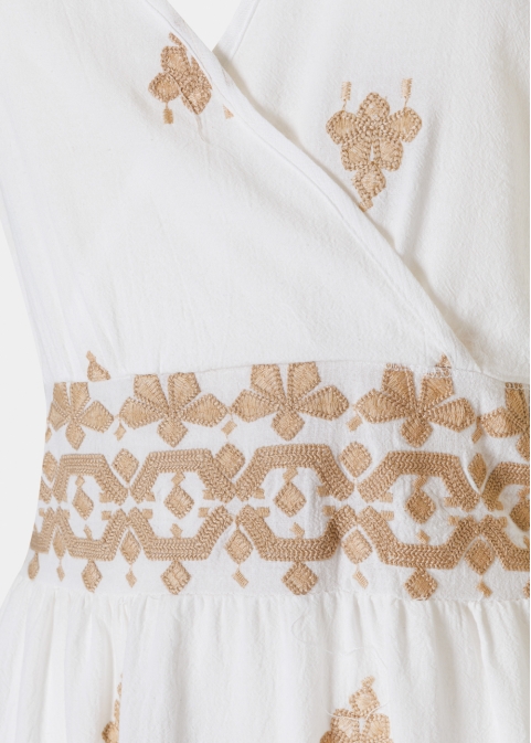 White Maxi Dress w/ Beige Embroidered Flowers