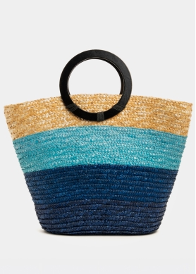 Blue Natural Straw Beach Bag w/ Wooden Handles