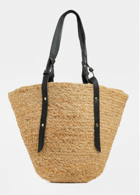 Jute Beach Bag w/ Black Leatherette Handles