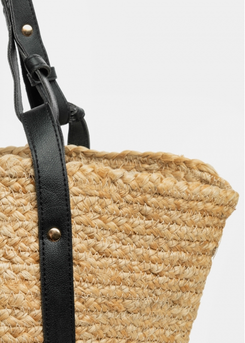 Jute Beach Bag w/ Black Leatherette Handles