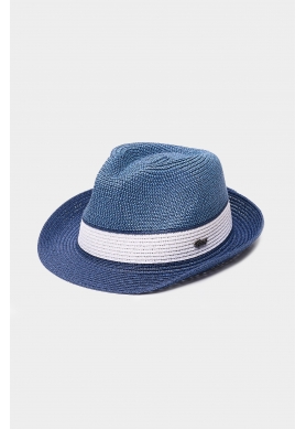 Blue fedora with white details