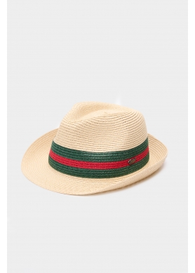 Beige fedora with green & red details