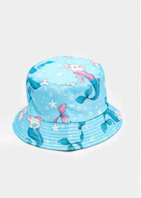 Kids Bucket Hat Double Face w/ Cat Mermaid Pattern