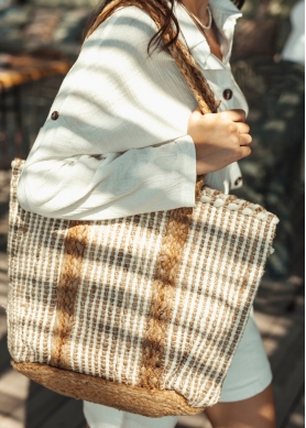 Jute & Cotton Beach Bag w/ Striped Design