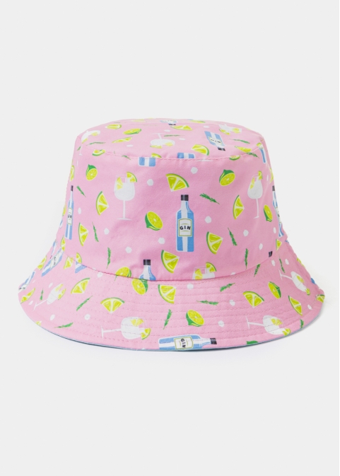 Double-Faced Bucket Hat Drinks Pattern & Light Blue