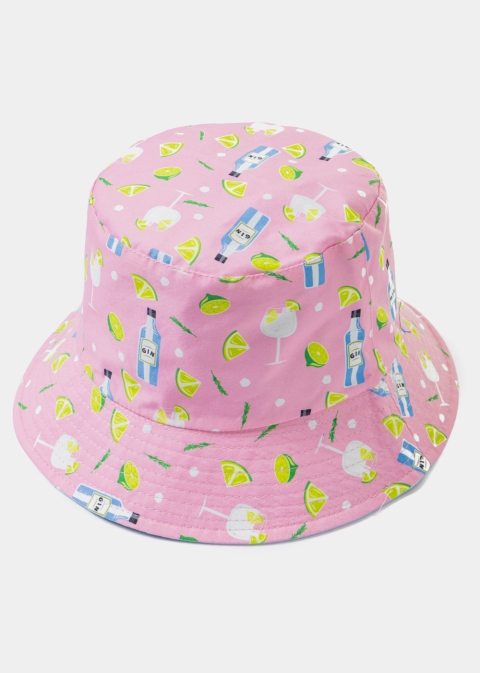 Double-Faced Bucket Hat Drinks Pattern & Light Blue