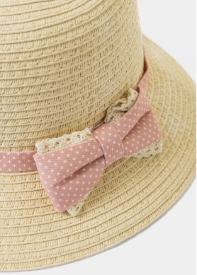 Beige Kids Straw Hat w/ Pink Bow