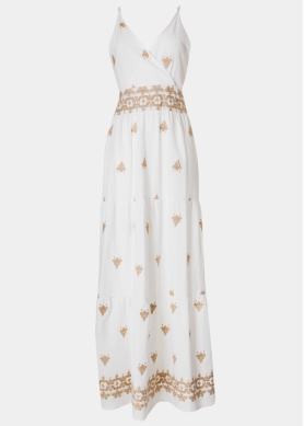 White Maxi Dress w/ Beige Embroidered Flowers