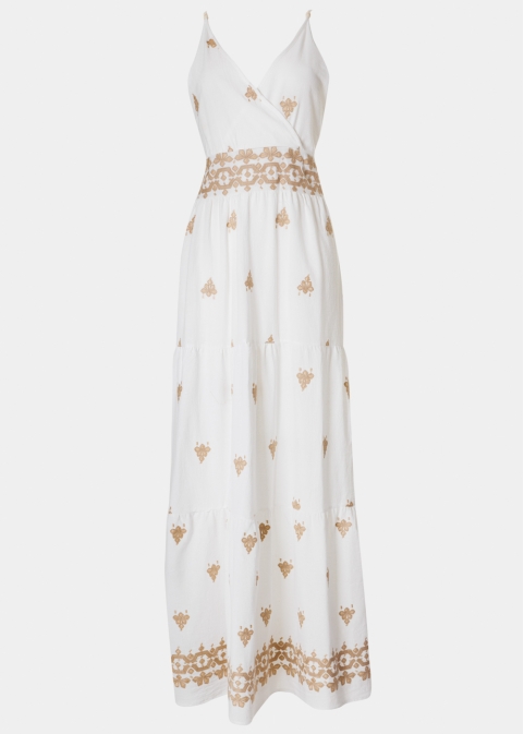 White Maxi Dress w/ Beige Embroidered Flowers