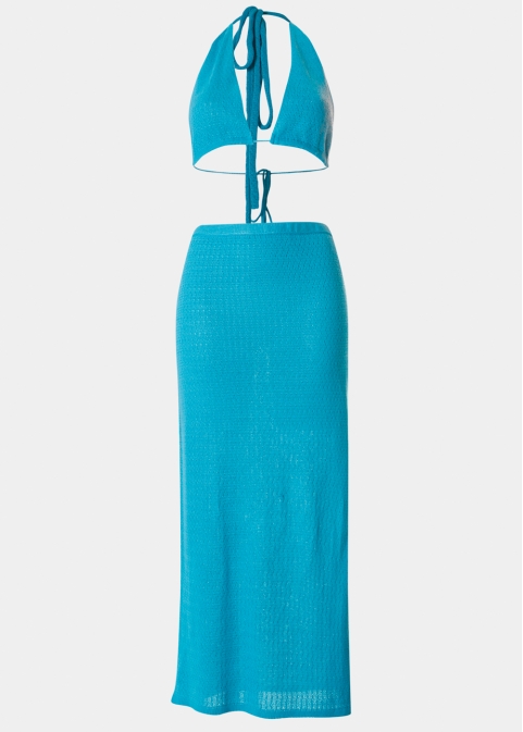 Blue Knitted Top & Skirt Set