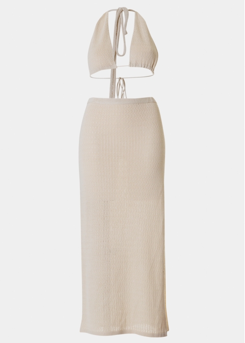Beige Knitted Top & Skirt Set