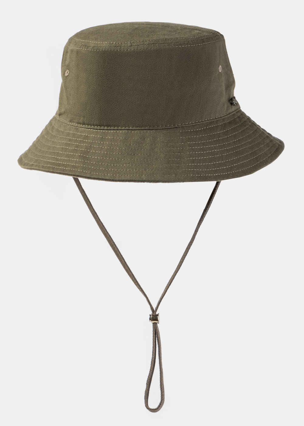 khaki bucket hat with chin strap