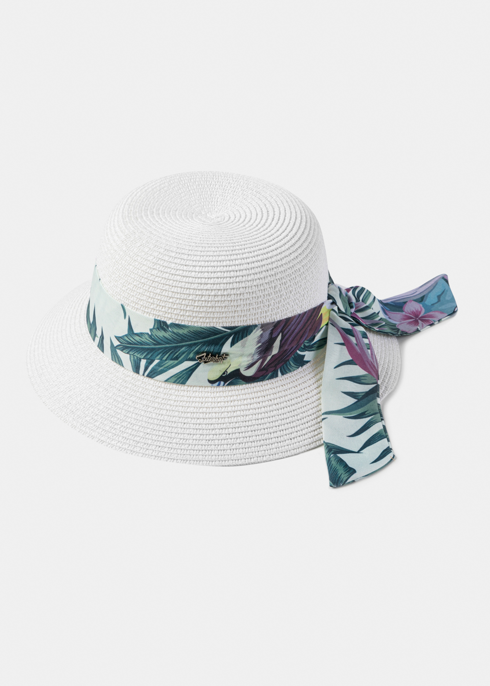 White Straw Hat w/ Patterned Ribbon
