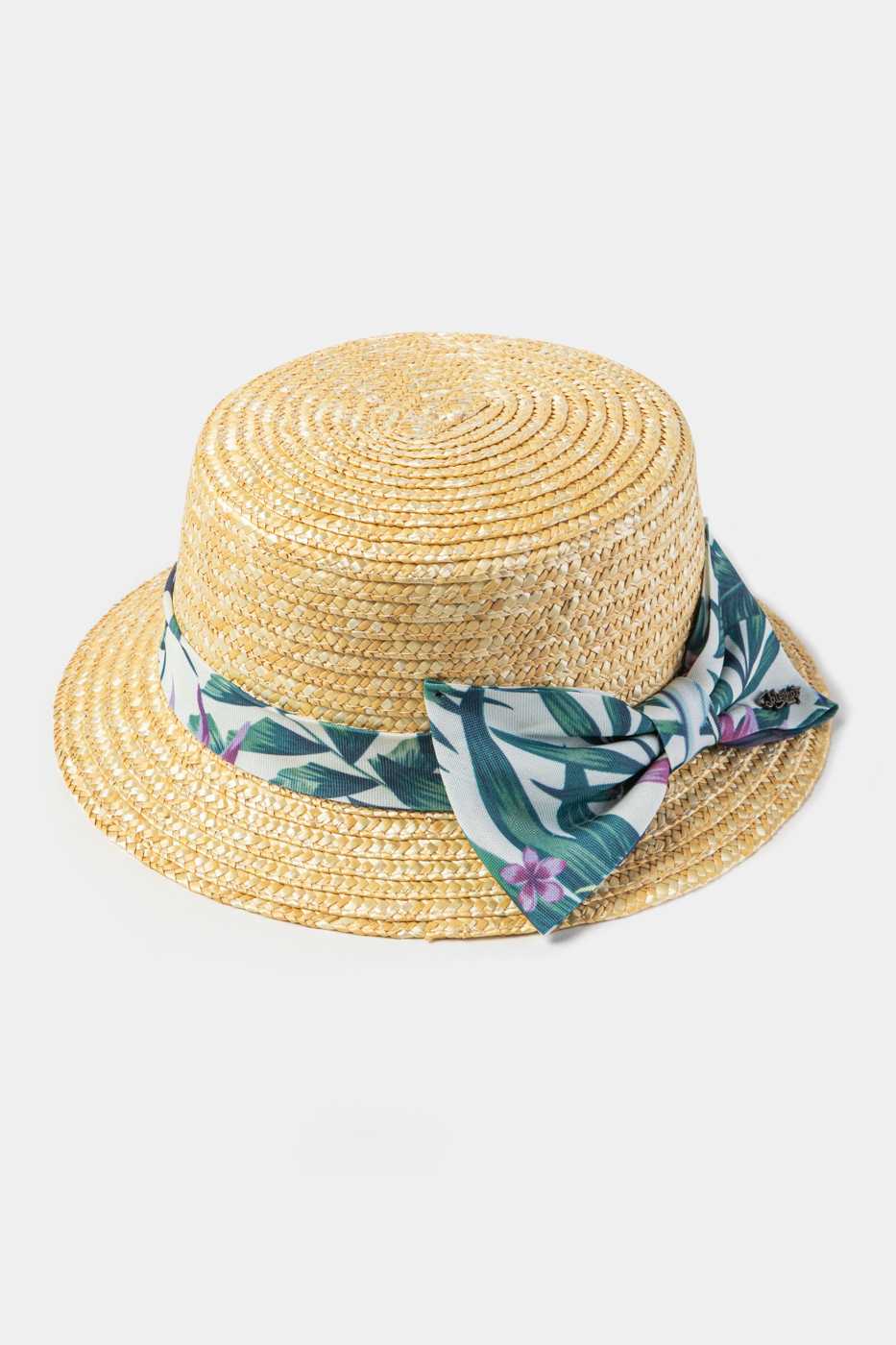 Natural Straw Boater Hat w/ Green Patterned Ribbon
