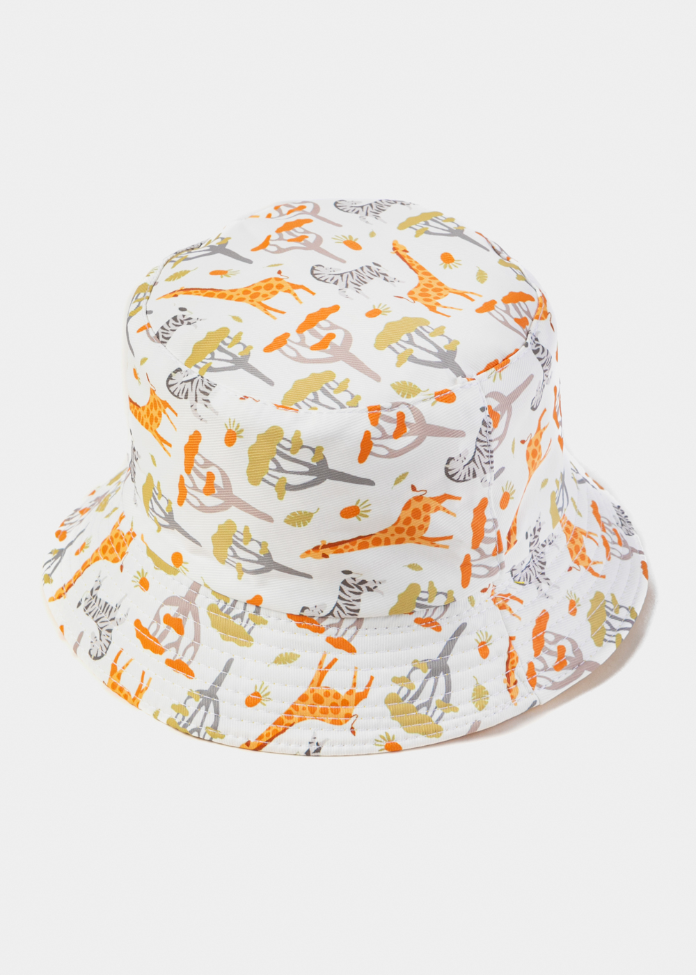 White Double Face Kids Bucket Hat w/ Animals Pattern 