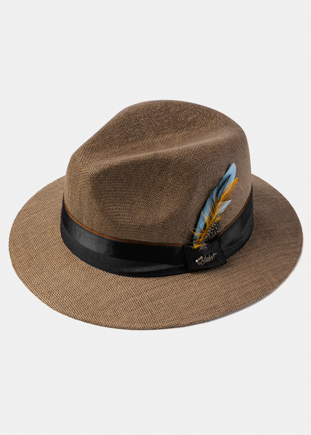 Brown Panama Style Hat w/ Black Ηatband & Feathers