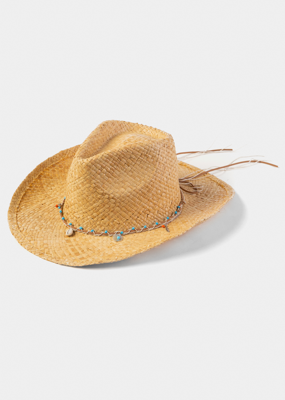 Natural Raffia Cowboy Style Hat w/ Seashells