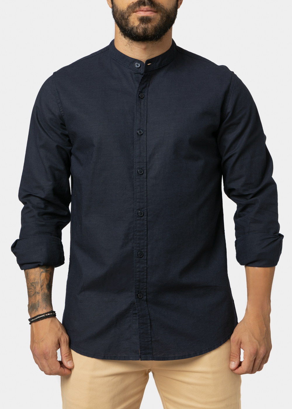 Linen - Cotton Navy Blue Mao Shirt 