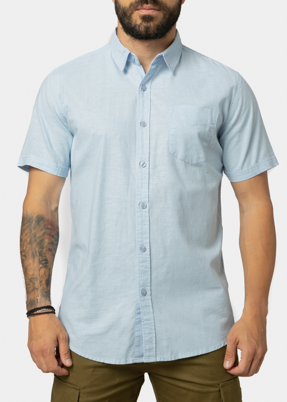 Linen - Cotton Light Blue Classic Shirt w/ Short Sleeves