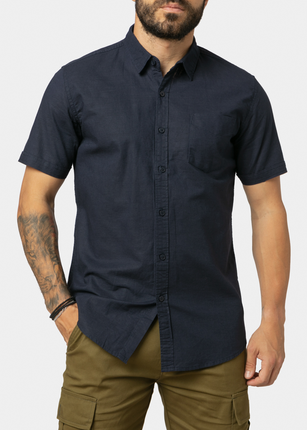 Linen - Cotton Navy Blue Classic Shirt w/ Short Sleeves