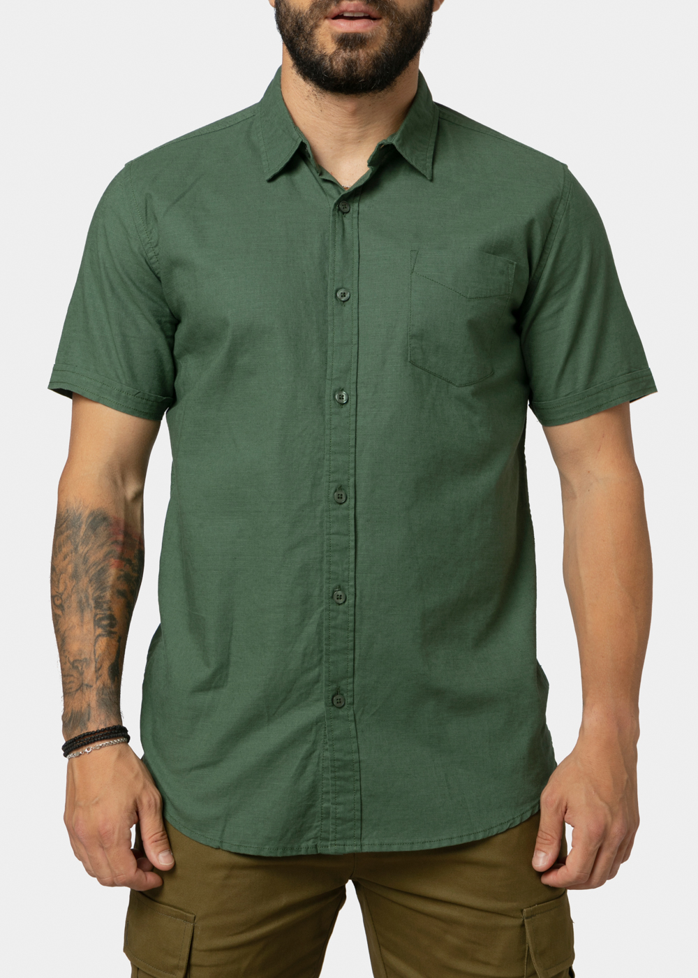 Linen - Cotton Khaki Classic Shirt w/ Short Sleeves