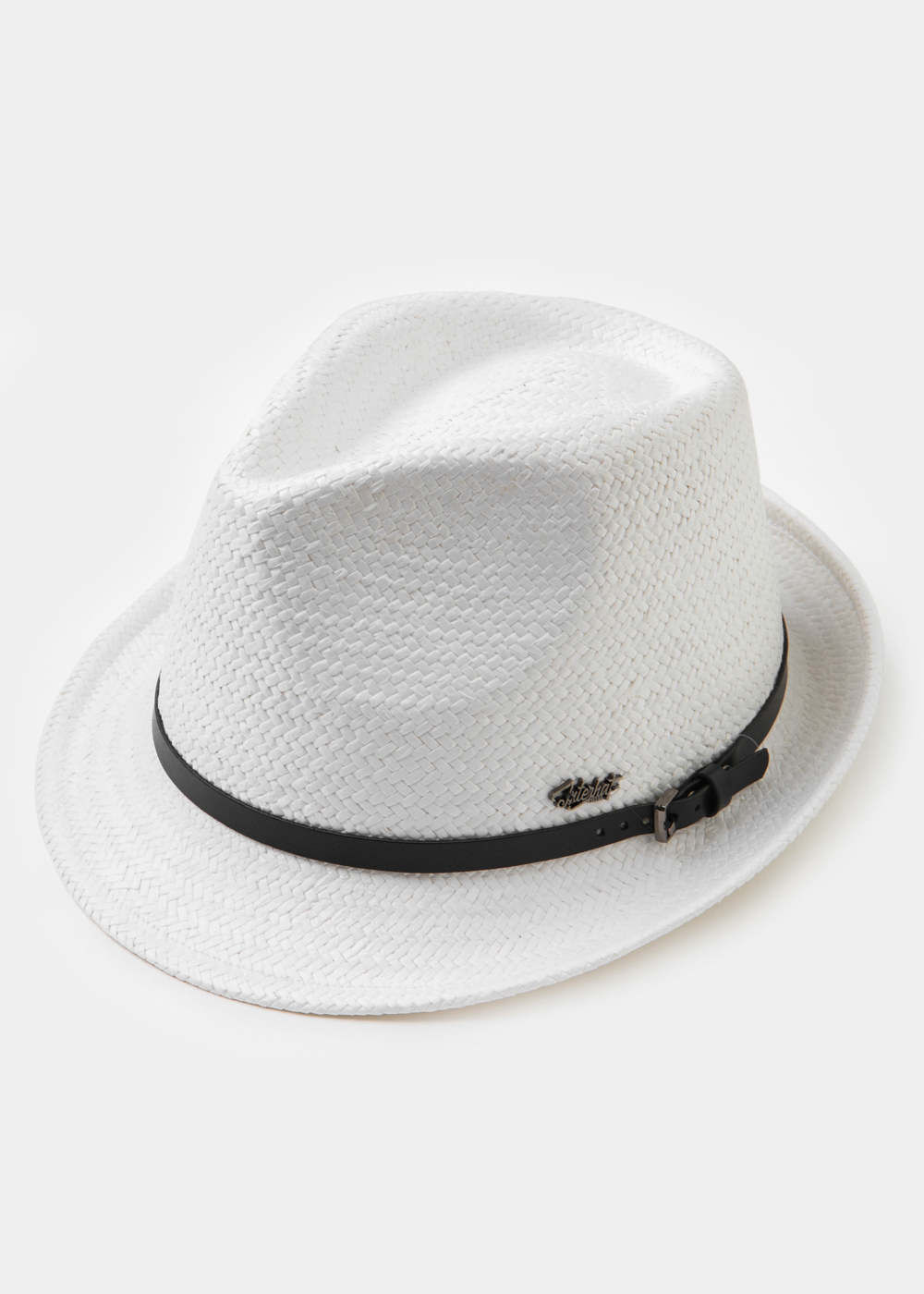  White Natural Straw Fedora Hat w/ black leather belt