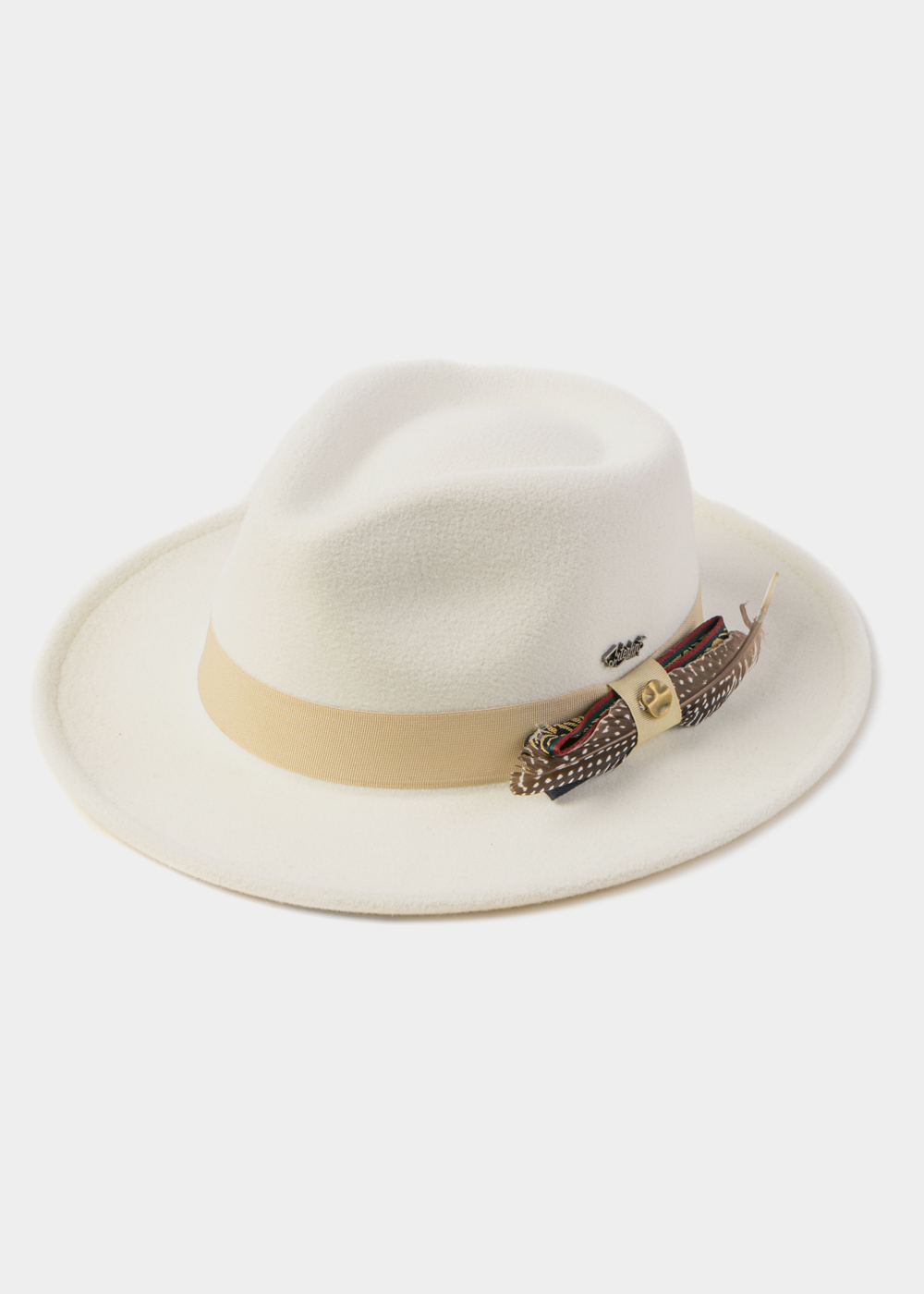White Winter Hat w/ Beige Hatband and Details