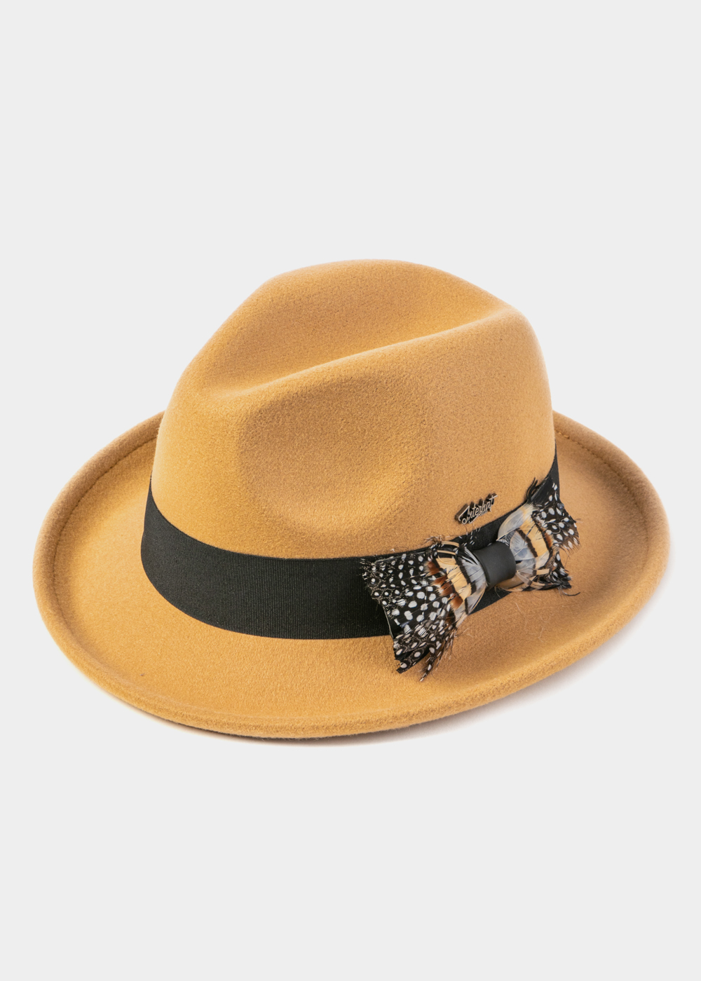 Camel Winter Hat w/ Black Hatband and Feathers